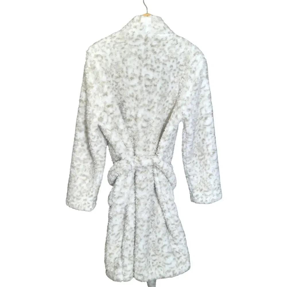 Katy Did Snow Leopard Print Sherpa Like Womens Bath Robe With Pockets Size M